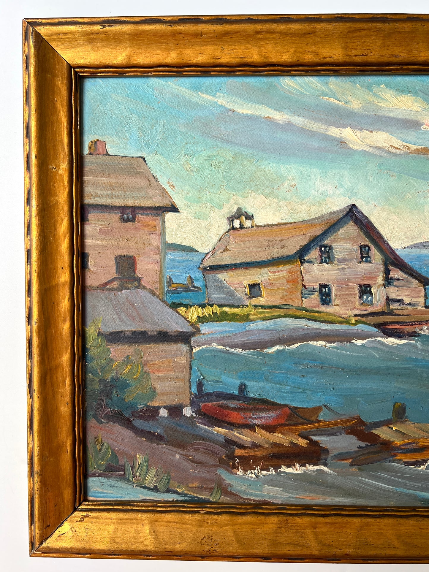 1940s New England Cedar Shake Boats Houses and Dock Scene in Wavy Gold Frame
