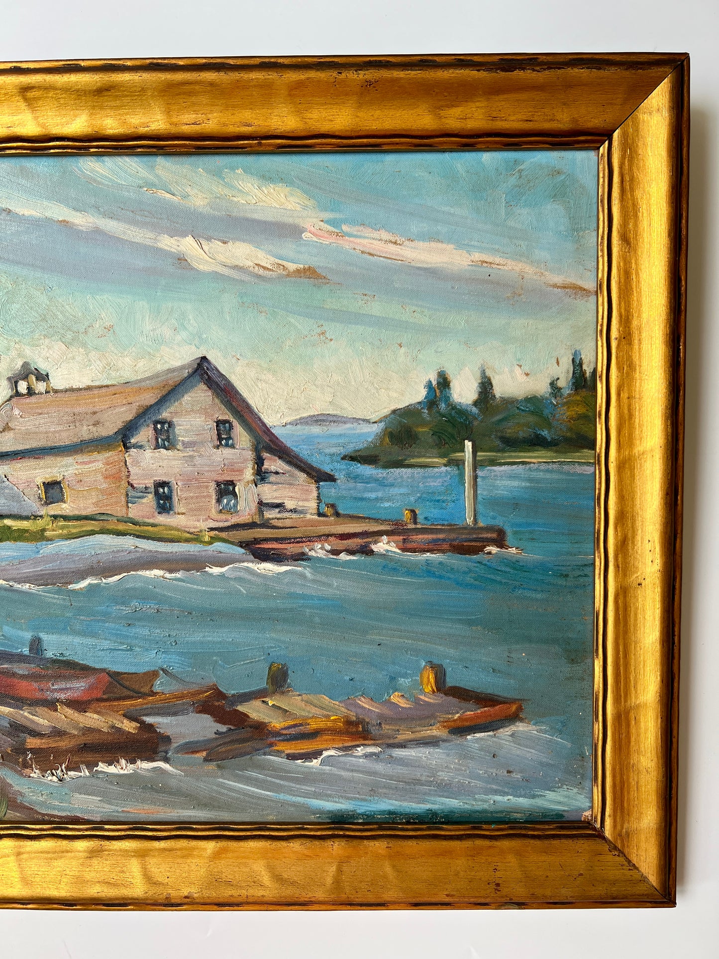 1940s New England Cedar Shake Boats Houses and Dock Scene in Wavy Gold Frame