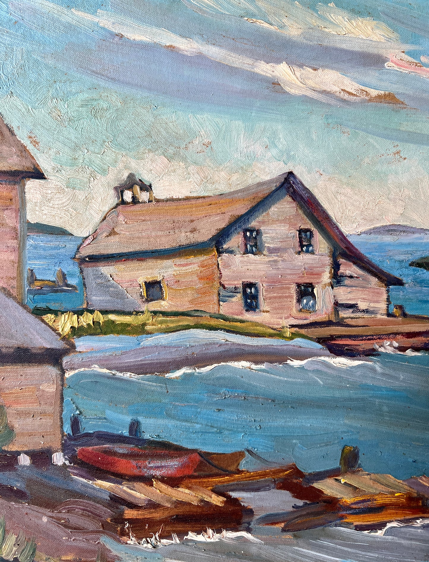1940s New England Cedar Shake Boats Houses and Dock Scene in Wavy Gold Frame