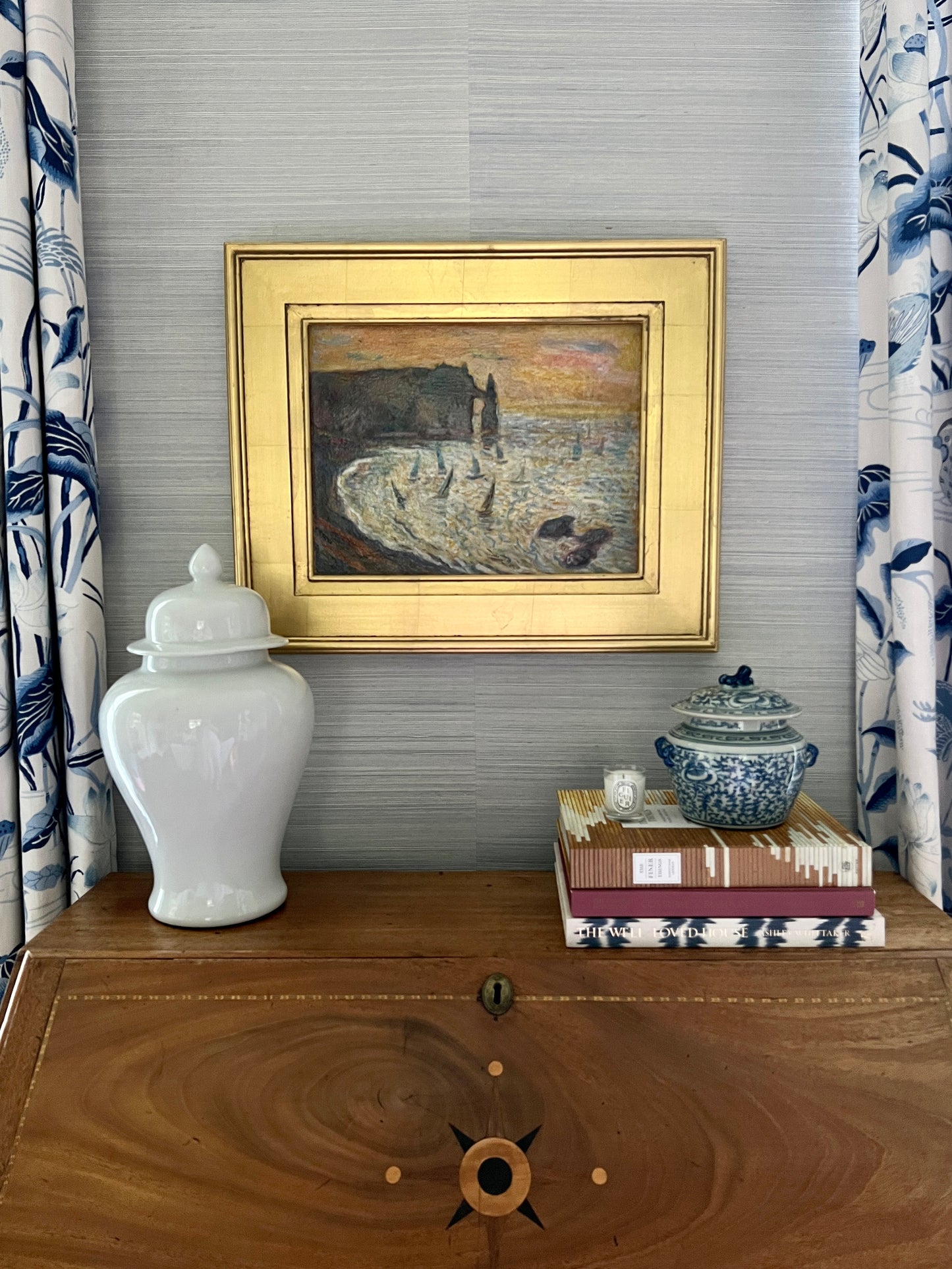 Vintage Regatta at the White Cliffs of Etretat Normandy, France Oil Painting in Gold Frame