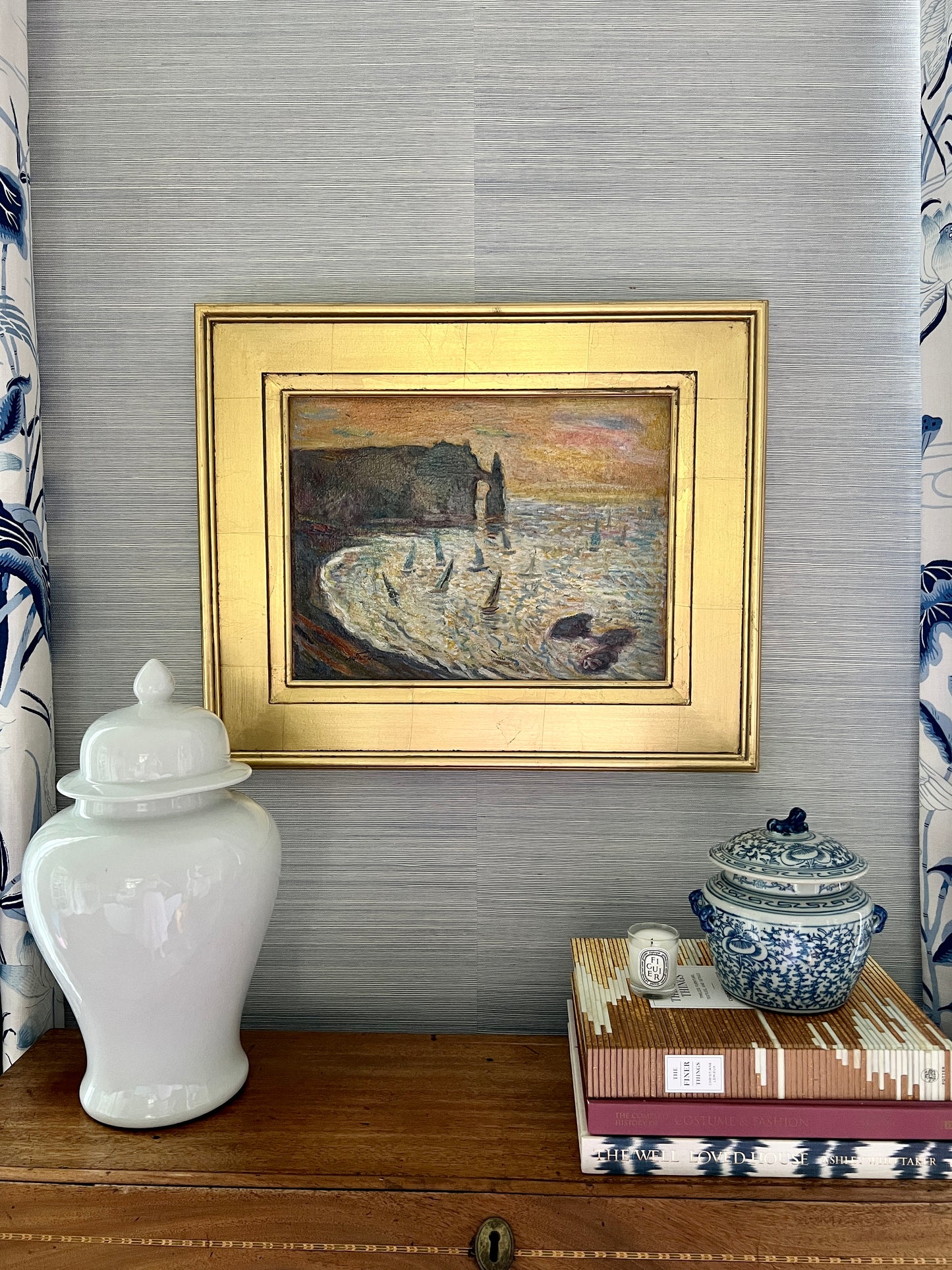 Vintage Regatta at the White Cliffs of Etretat Normandy, France Oil Painting in Gold Frame