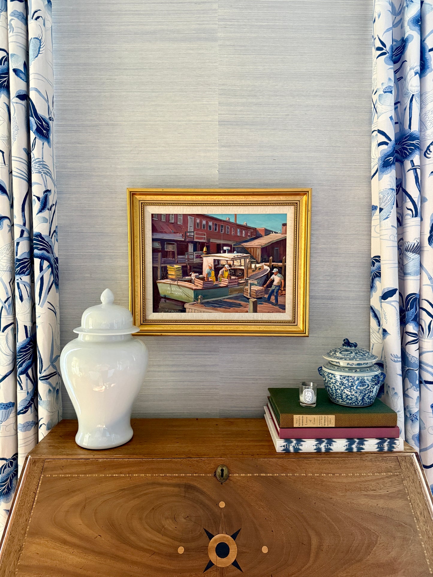 Frederick Kubitz Unloading Lobsters Rockland, Maine Oil Painting in Gold Frame