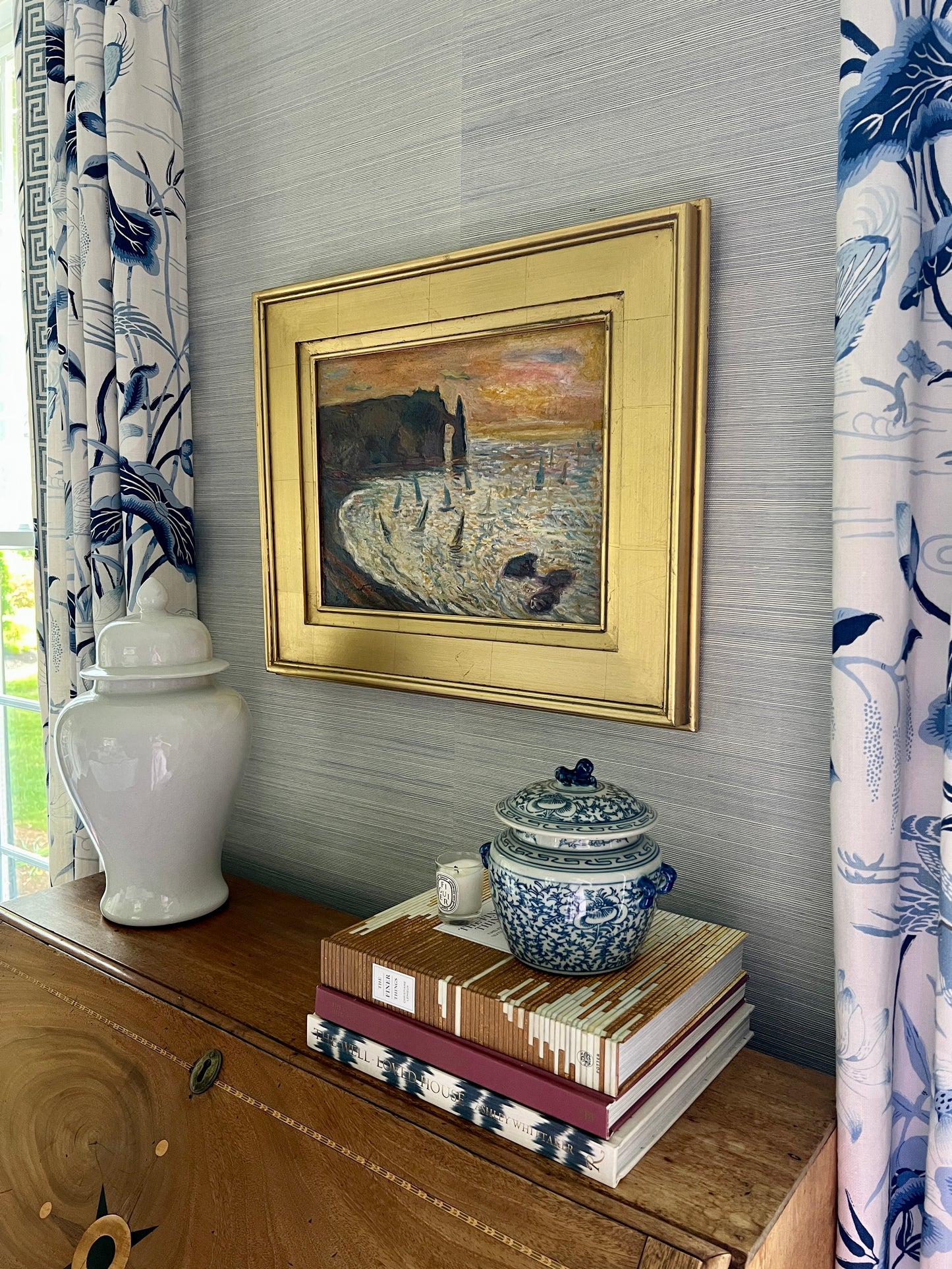 Vintage Regatta at the White Cliffs of Etretat Normandy, France Oil Painting in Gold Frame