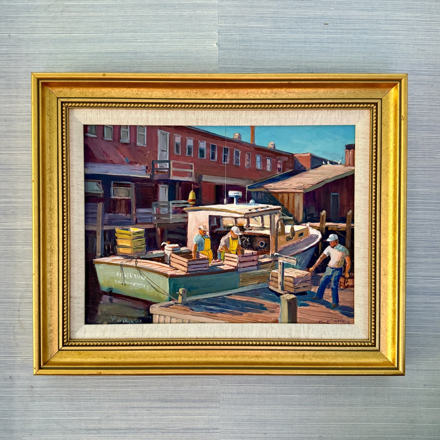 Frederick Kubitz Unloading Lobsters Rockland, Maine Oil Painting in Gold Frame