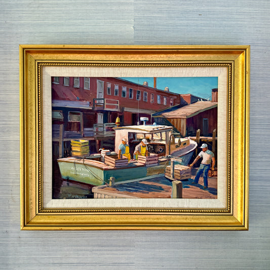 Frederick Kubitz Unloading Lobsters Rockland, Maine Oil Painting in Gold Frame