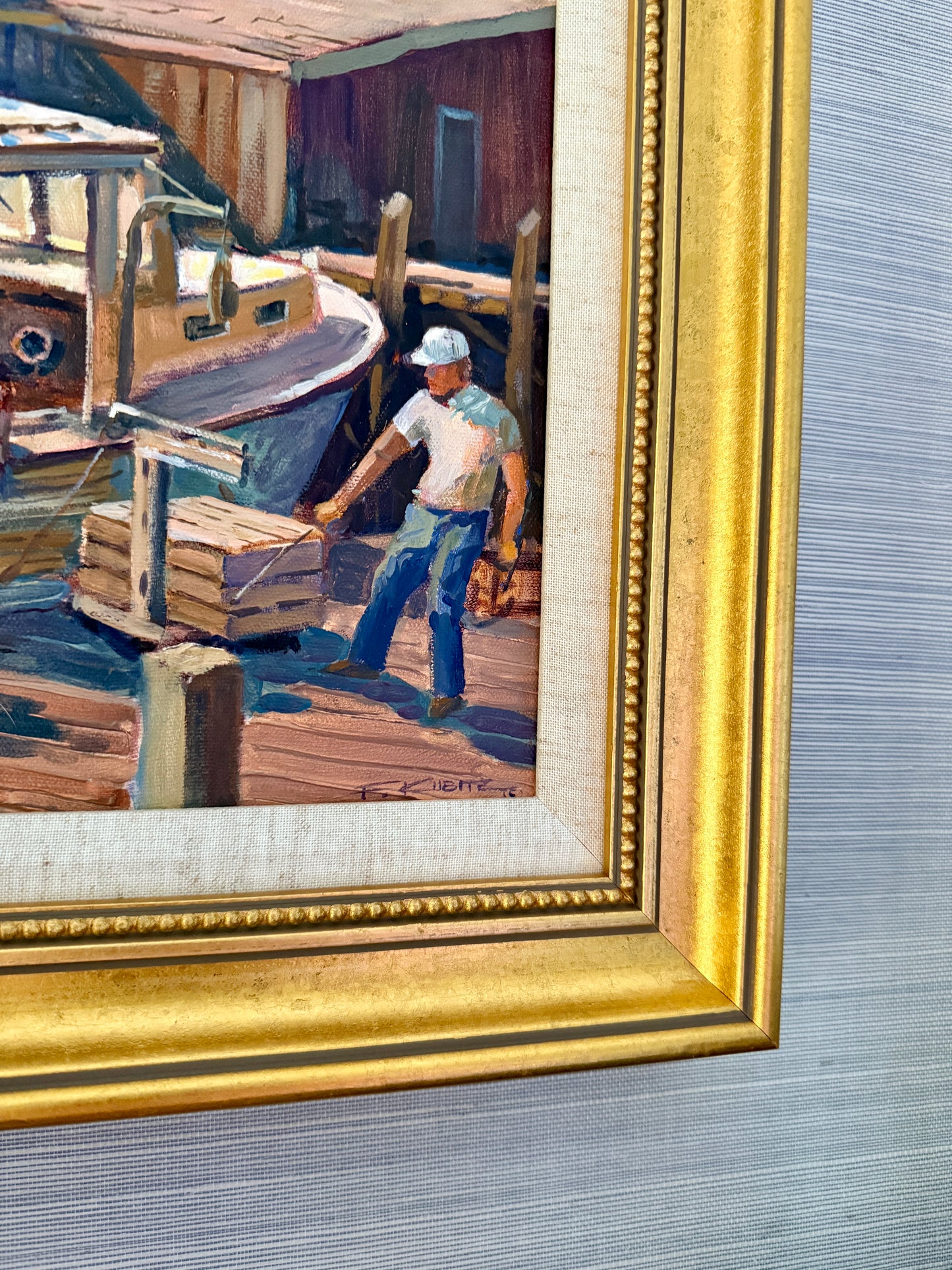 Frederick Kubitz Unloading Lobsters Rockland, Maine Oil Painting in Gold Frame