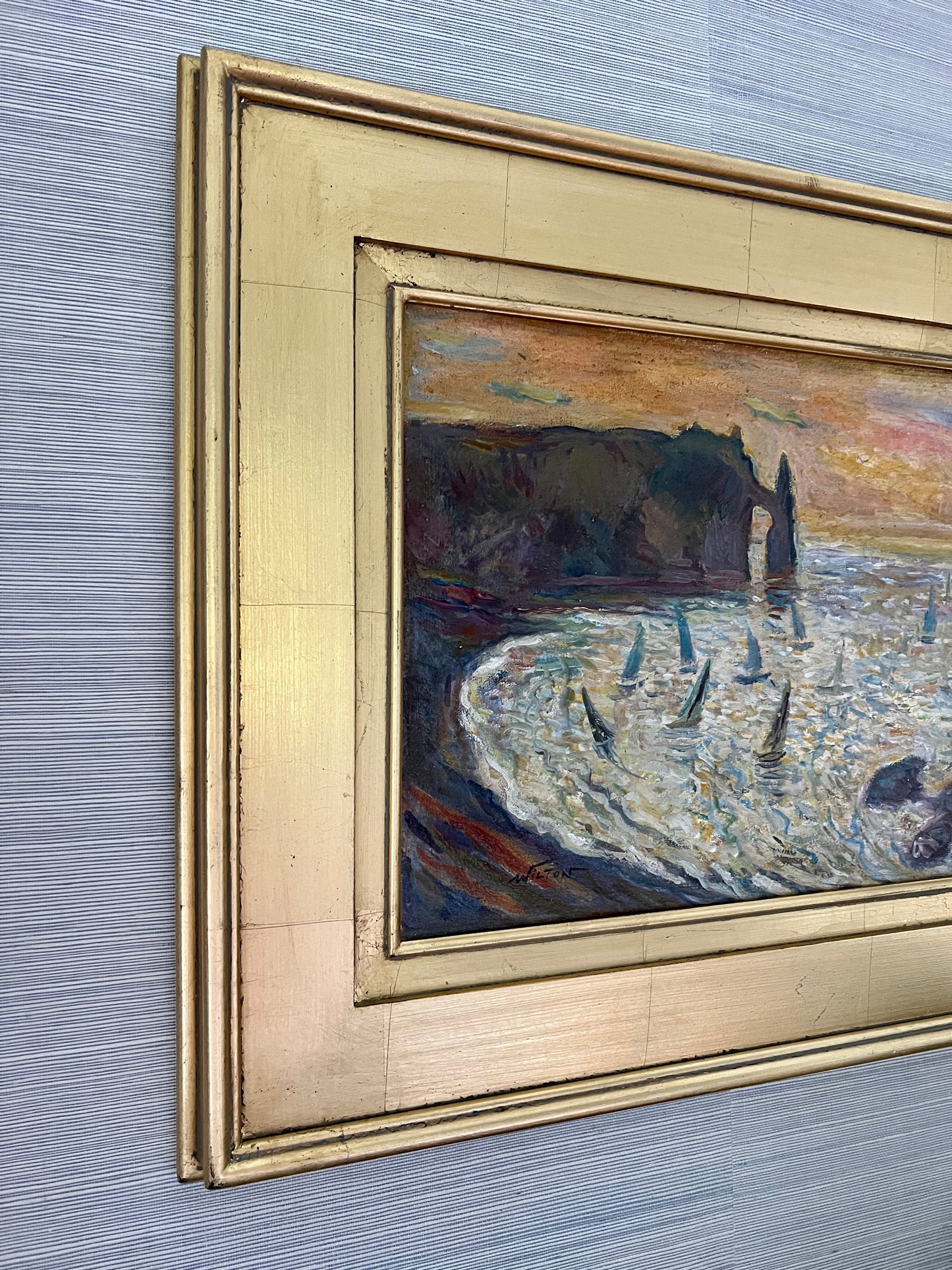 Vintage Regatta at the White Cliffs of Etretat Normandy, France Oil Painting in Gold Frame