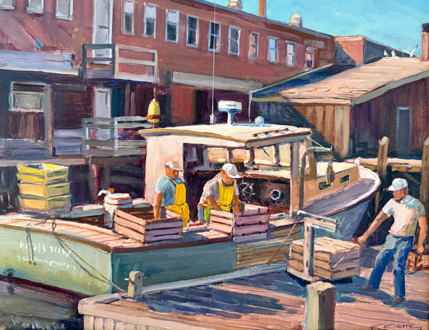 Frederick Kubitz Unloading Lobsters Rockland, Maine Oil Painting in Gold Frame