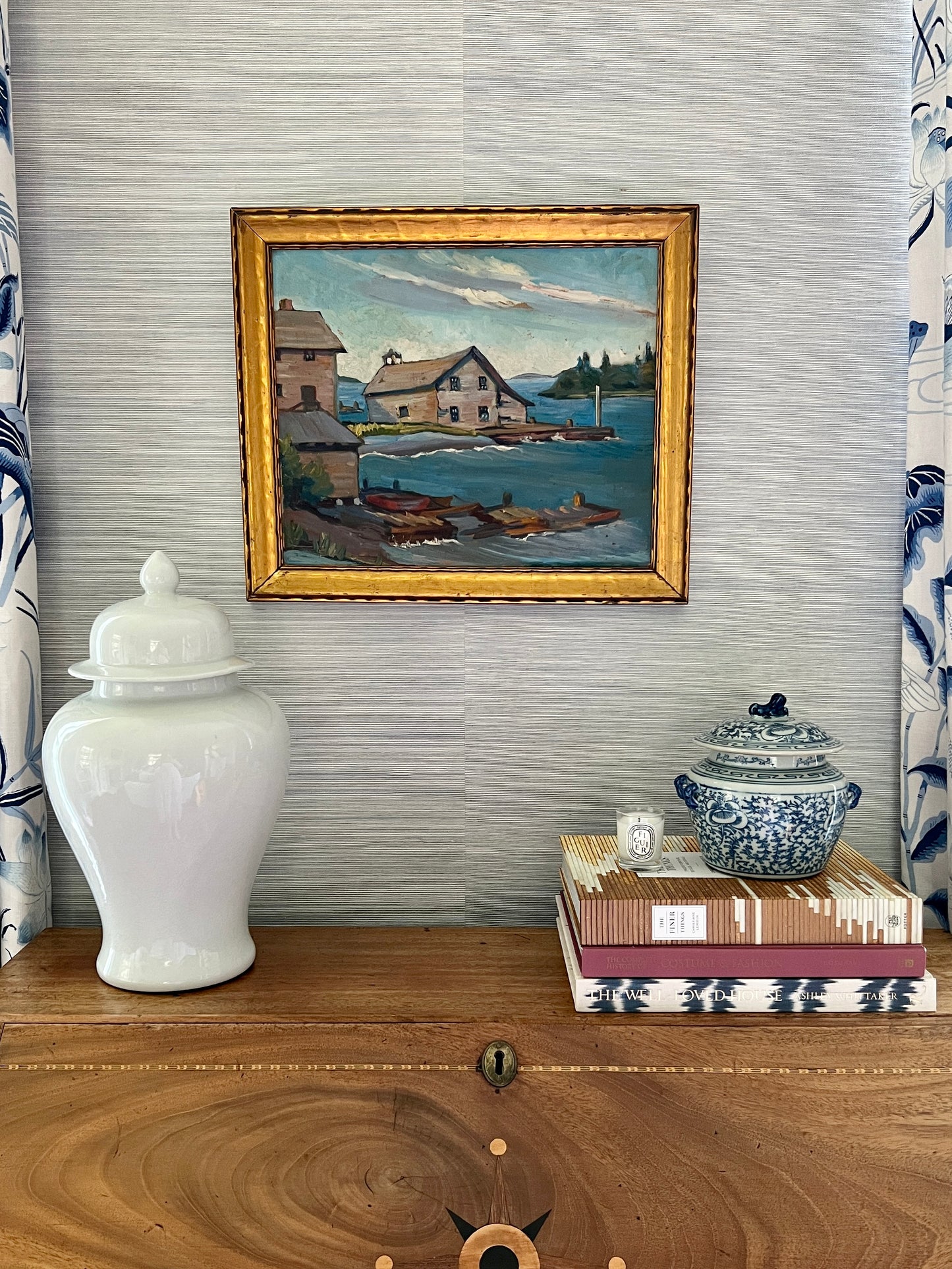 1940s New England Cedar Shake Boats Houses and Dock Scene in Wavy Gold Frame