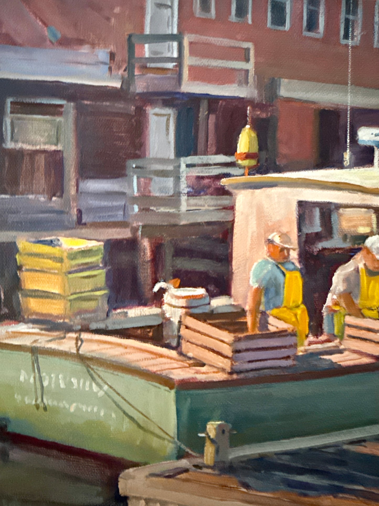Frederick Kubitz Unloading Lobsters Rockland, Maine Oil Painting in Gold Frame