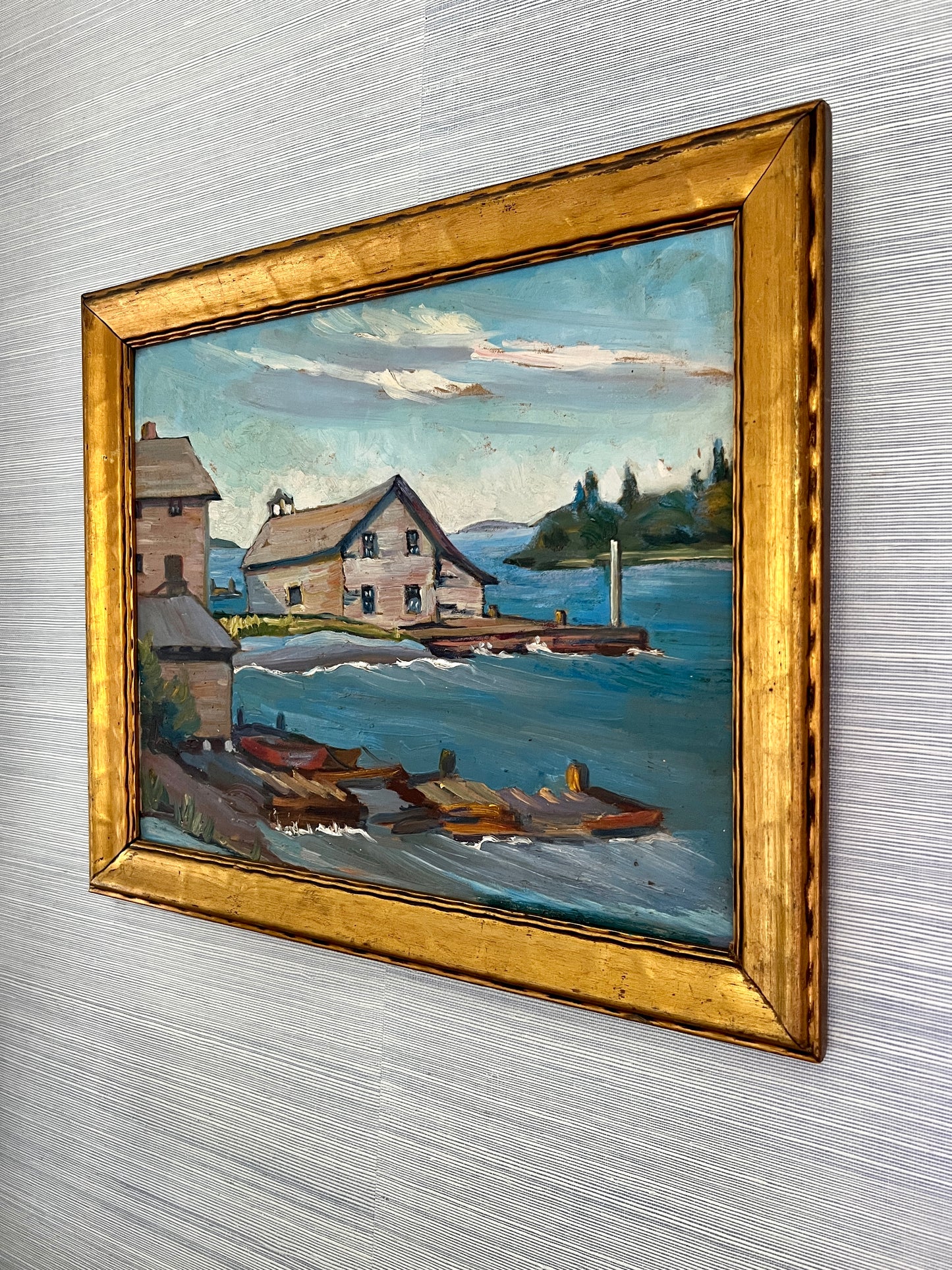 1940s New England Cedar Shake Boats Houses and Dock Scene in Wavy Gold Frame