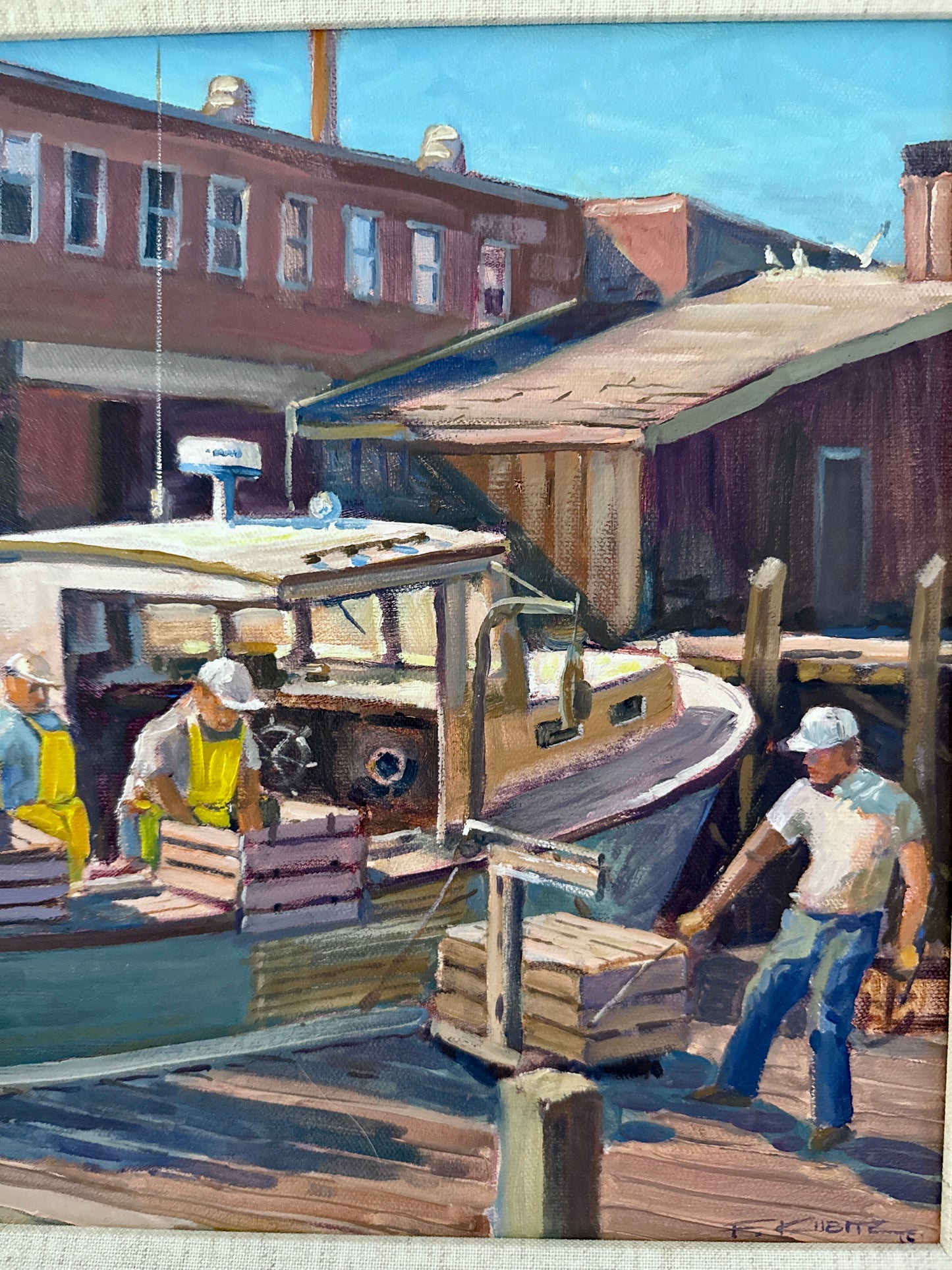 Frederick Kubitz Unloading Lobsters Rockland, Maine Oil Painting in Gold Frame