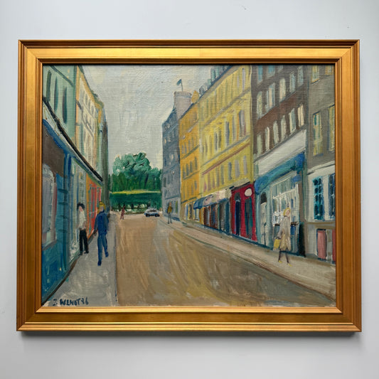 Vintage Colorful European Downtown Cityscape Oil Painting in Gold Frame