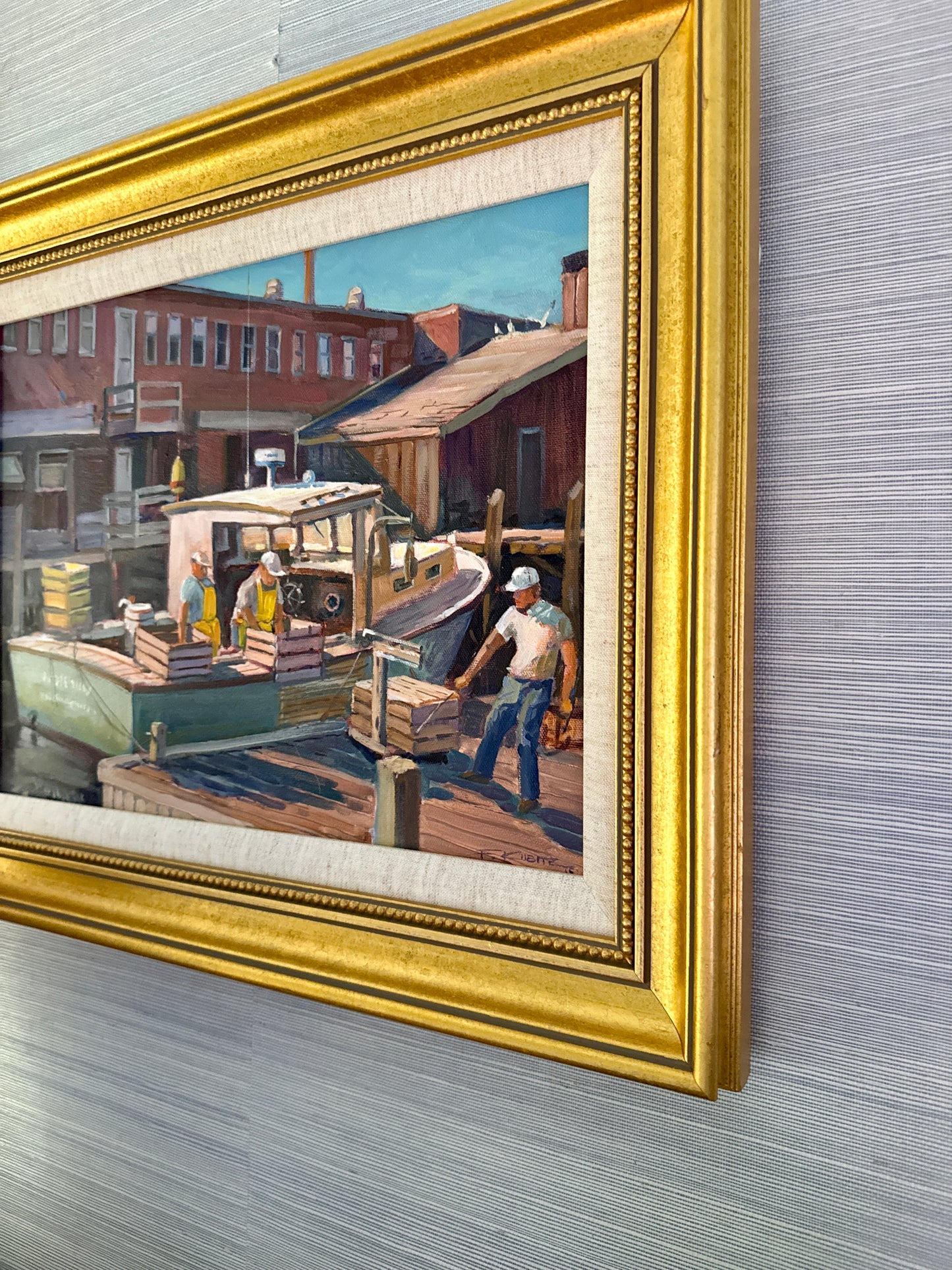Frederick Kubitz Unloading Lobsters Rockland, Maine Oil Painting in Gold Frame