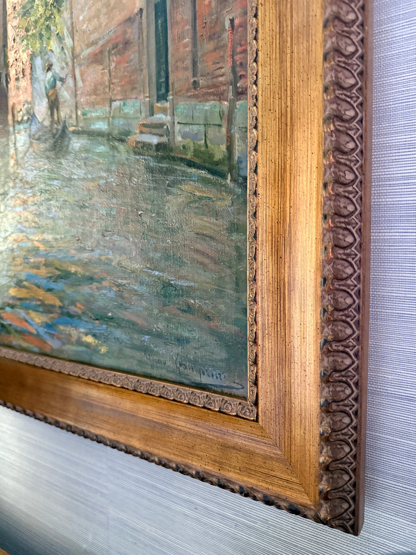 Early 20th Century Venetian Canal Venice Italy Oil Painting in Gold Frame