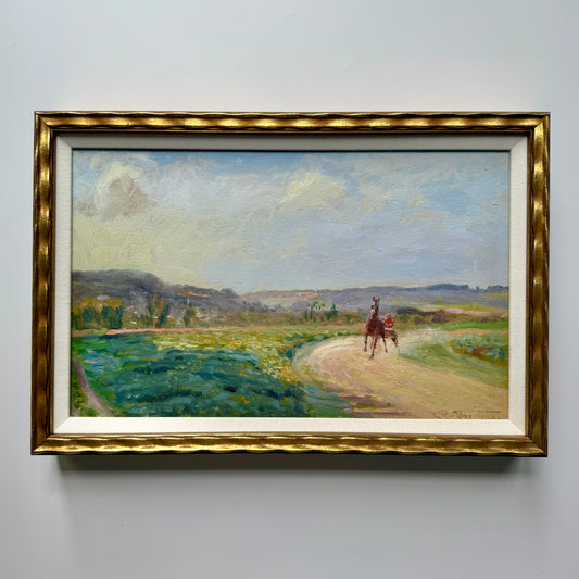 Early 20th c. American Around the Track Horse Racing Scene Oil Painting in Wavy Gold Frame