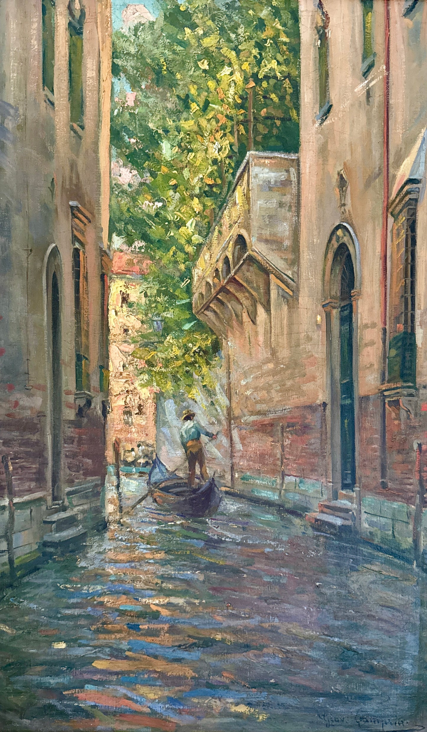 Early 20th Century Venetian Canal Venice Italy Oil Painting in Gold Frame