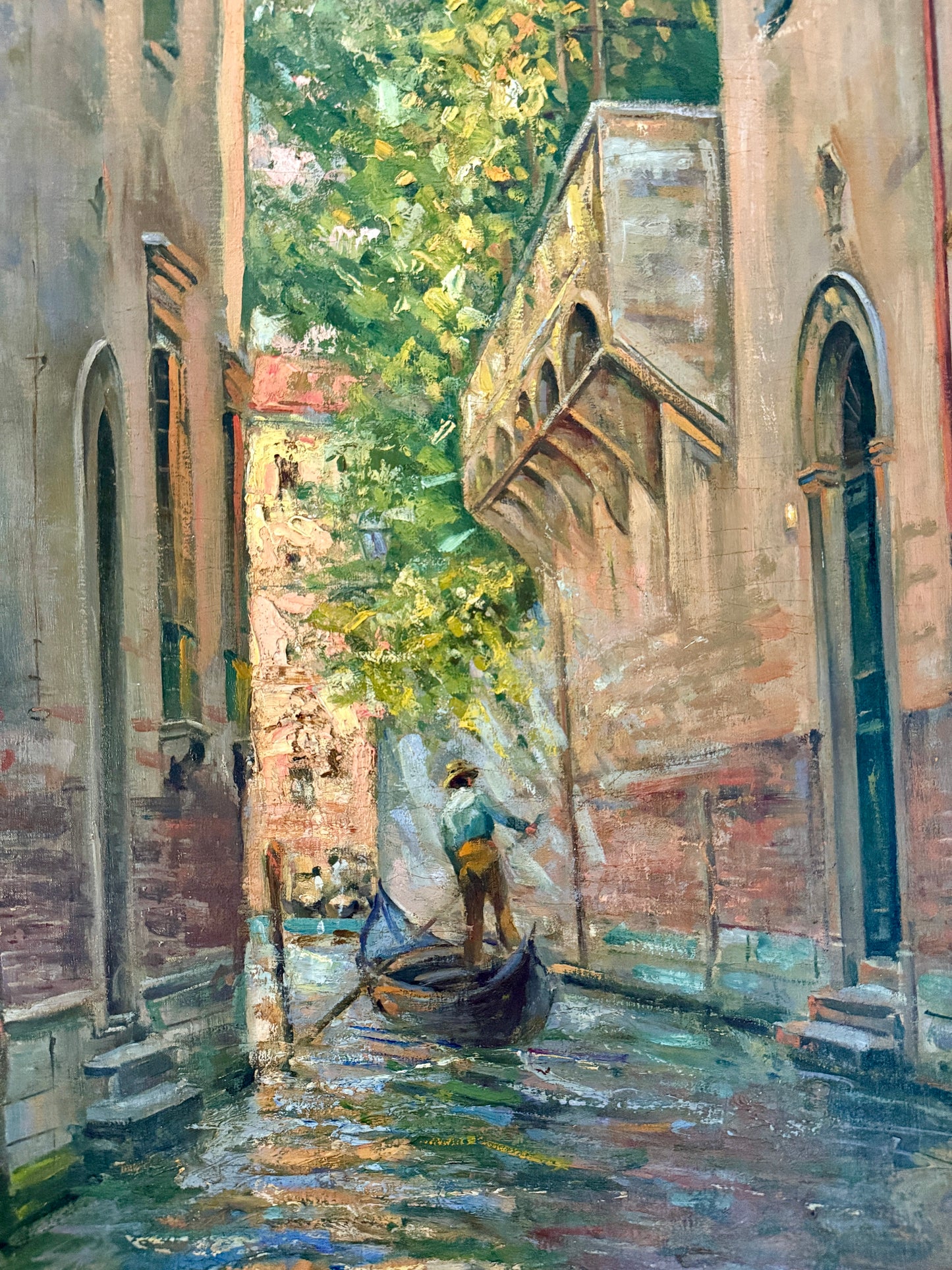 Early 20th Century Venetian Canal Venice Italy Oil Painting in Gold Frame