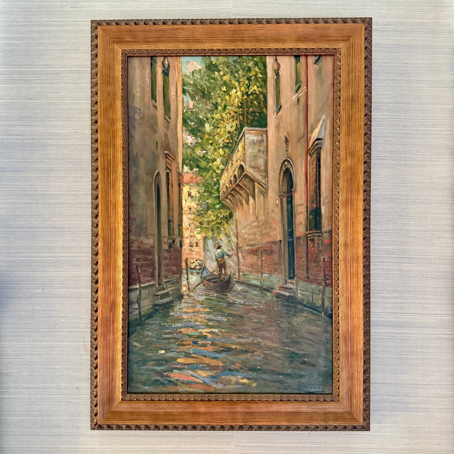 Early 20th Century Venetian Canal Venice Italy Oil Painting in Gold Frame