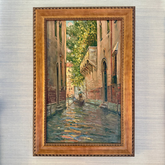 Early 20th Century Venetian Canal Venice Italy Oil Painting in Gold Frame