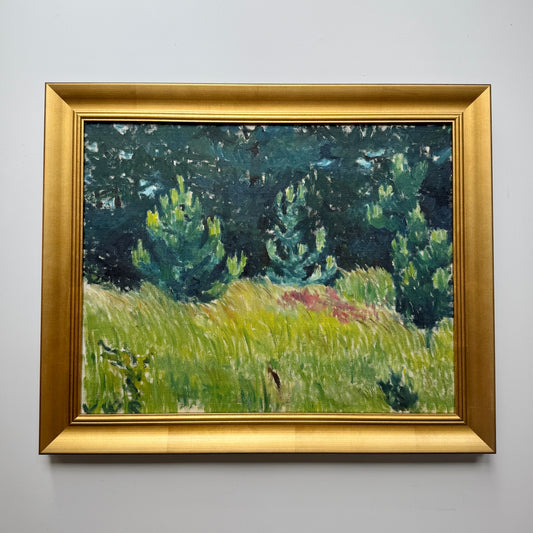 Colorful Vintage Green Wooded Expressionist Landscape Oil Painting in Gold Frame