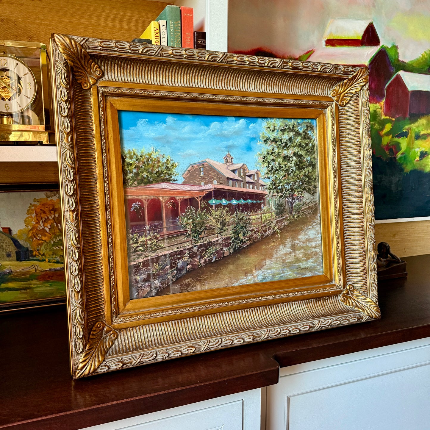 Betty Minnucci Lambertville Station Inn Canal Scene Pastel in Gold Frame