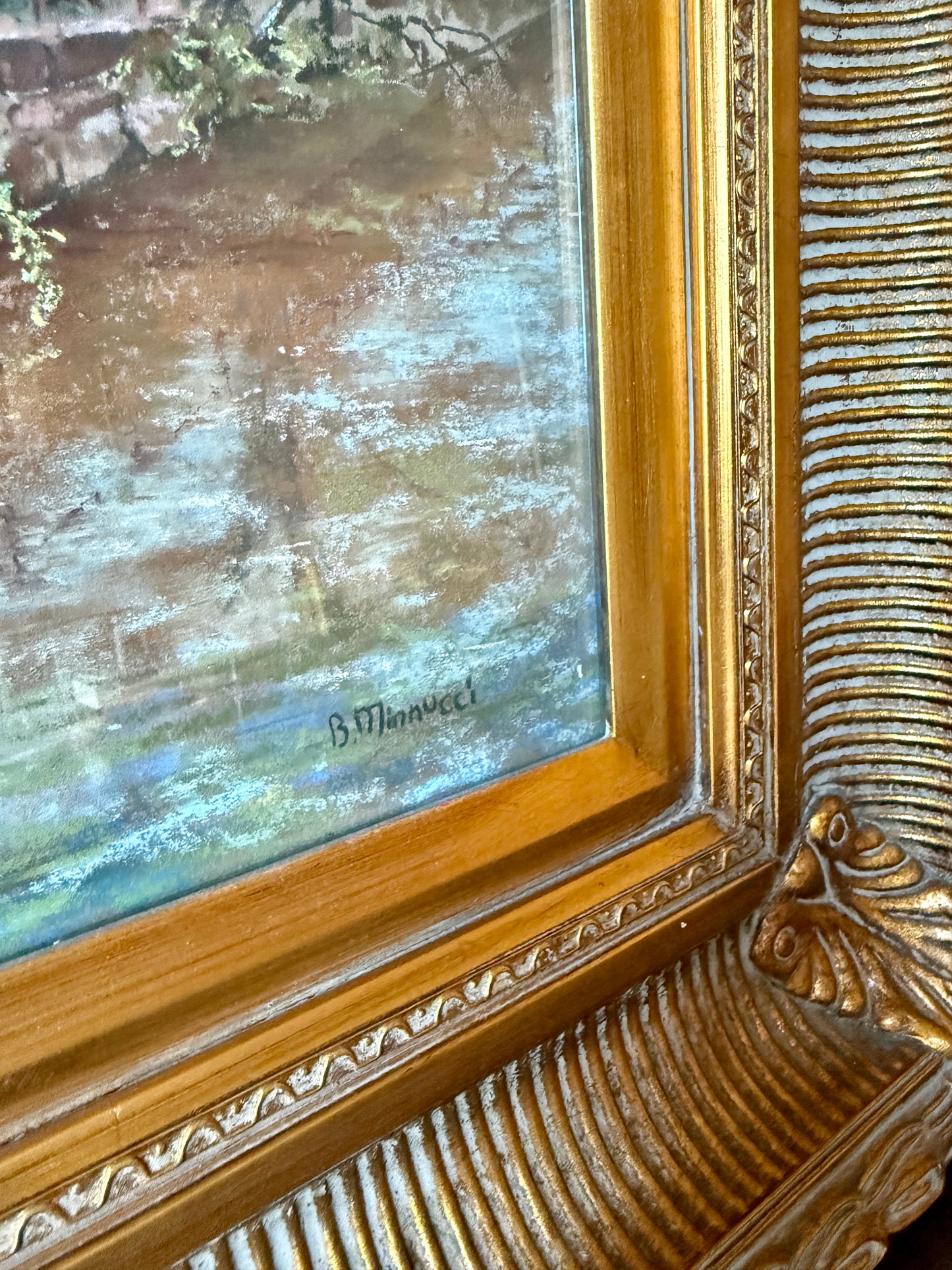 Betty Minnucci Lambertville Station Inn Canal Scene Pastel in Gold Frame