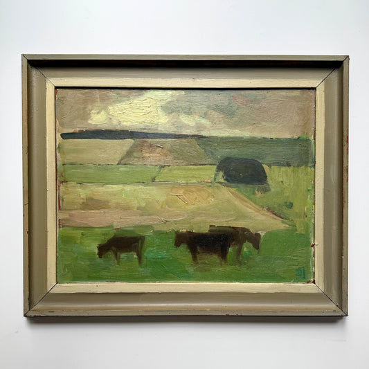 Robert Dueholm Jessen Expressionist Landscape with Grazing Cows Oil Painting in Painted Frame