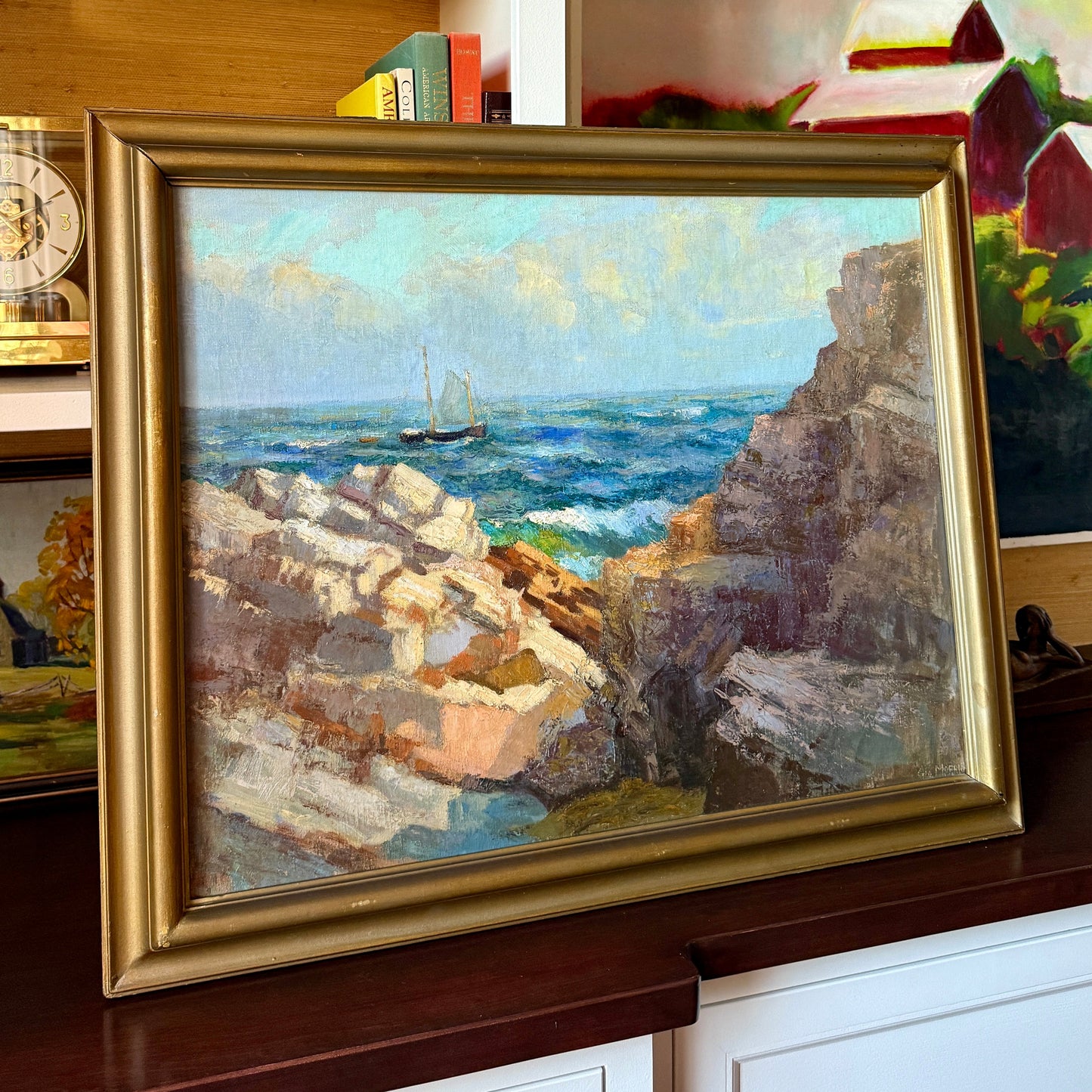 George L. Morris Cliffs in Sunlight Cape Elizabeth Maine Seascape Oil Painting in Gold Frame