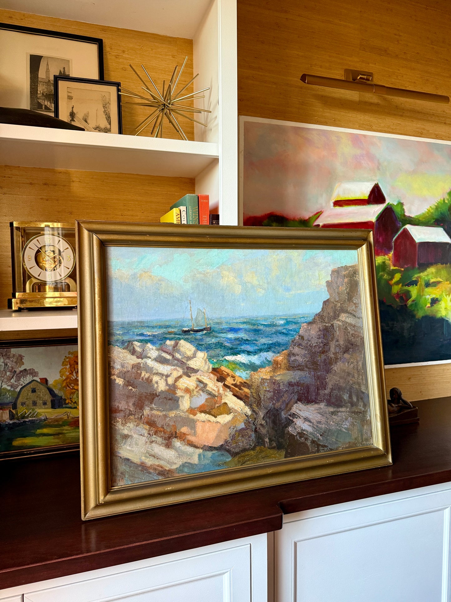 George L. Morris Cliffs in Sunlight Cape Elizabeth Maine Seascape Oil Painting in Gold Frame