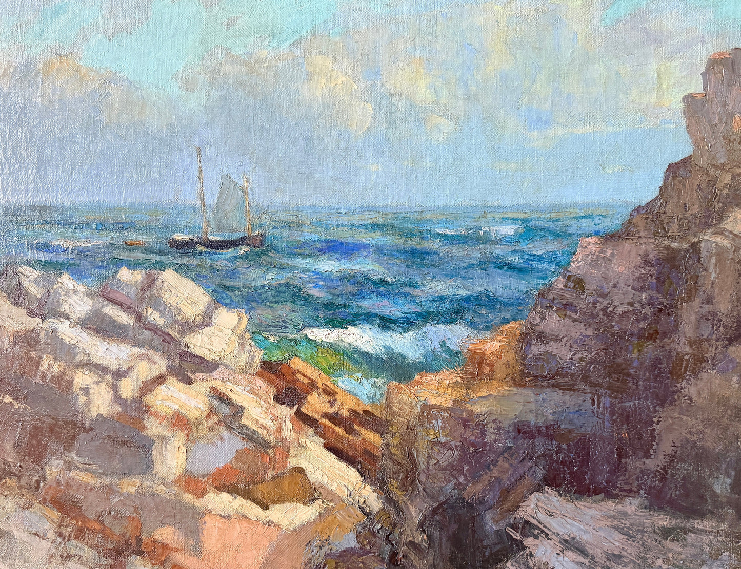 George L. Morris Cliffs in Sunlight Cape Elizabeth Maine Seascape Oil Painting in Gold Frame