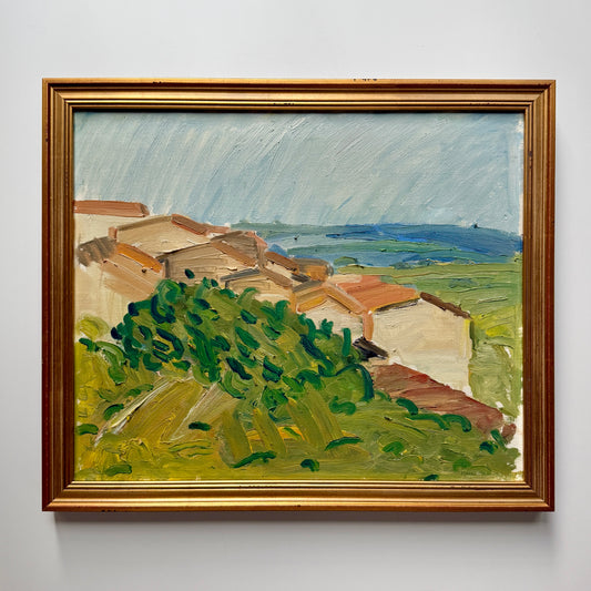 Vintage Expressionist Summer Hillside Houses Landscape Oil Painting in Gold Frame