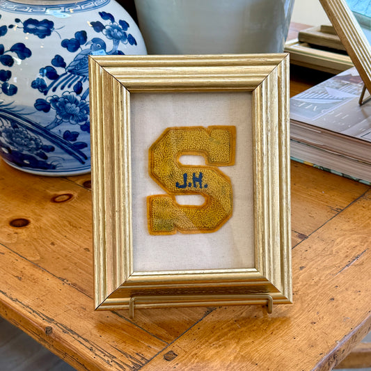 Vintage Junior High Yellow Varsity Letter Initial S on Ivory Duck Cloth in Gold Frame