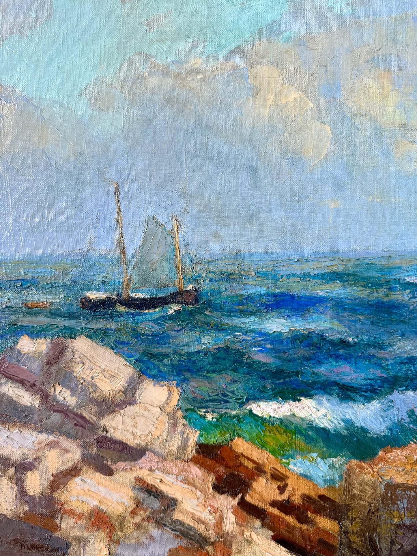 George L. Morris Cliffs in Sunlight Cape Elizabeth Maine Seascape Oil Painting in Gold Frame