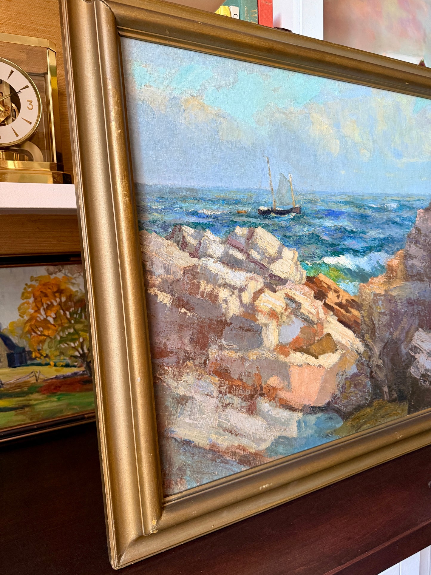 George L. Morris Cliffs in Sunlight Cape Elizabeth Maine Seascape Oil Painting in Gold Frame