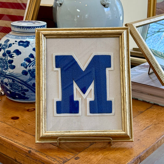 Vintage Blue and Ivory Varsity Letter Initial M on Ivory Duck Cloth in Gold Frame