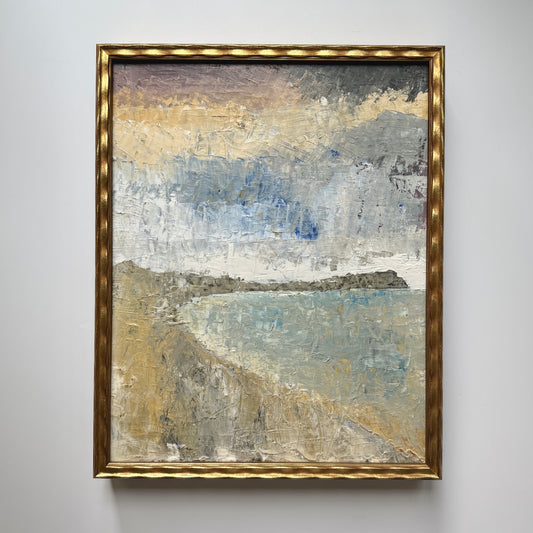Expressionist Modern Moody Coastal Landscape Oil Painting in Wavy Gold Frame