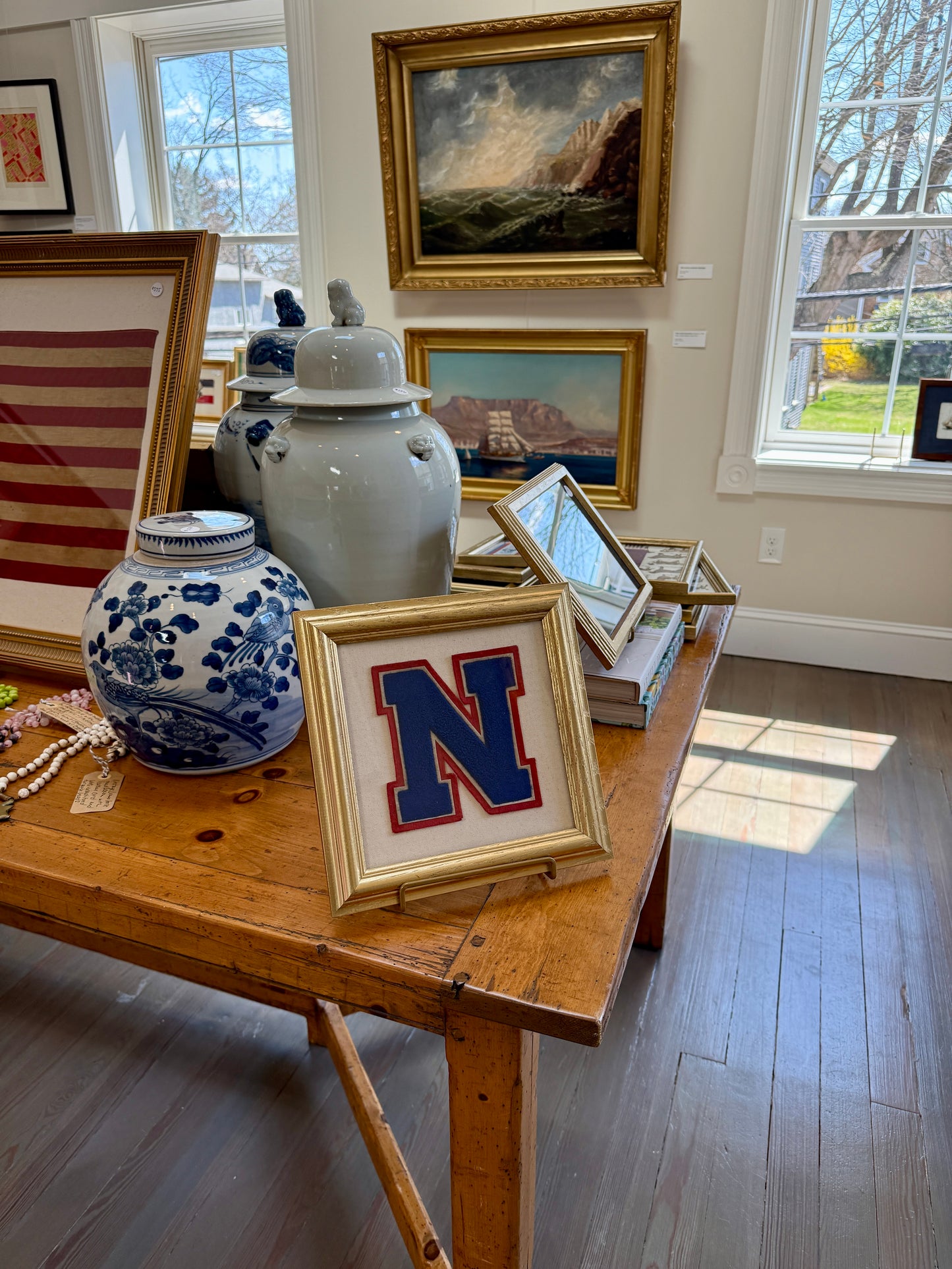 Vintage Red and Blue Varsity Letter Initial N on Ivory Duck Cloth in Gold Frame