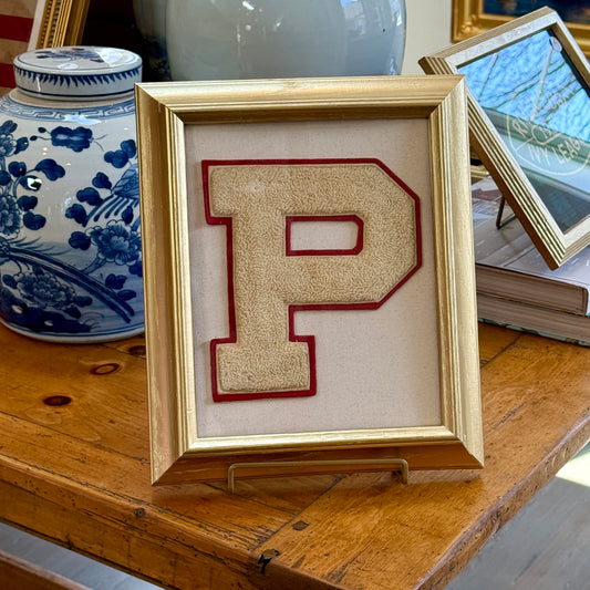 Vintage Red and Ivory Varsity Letter Initial P on Ivory Duck Cloth in Gold Frame