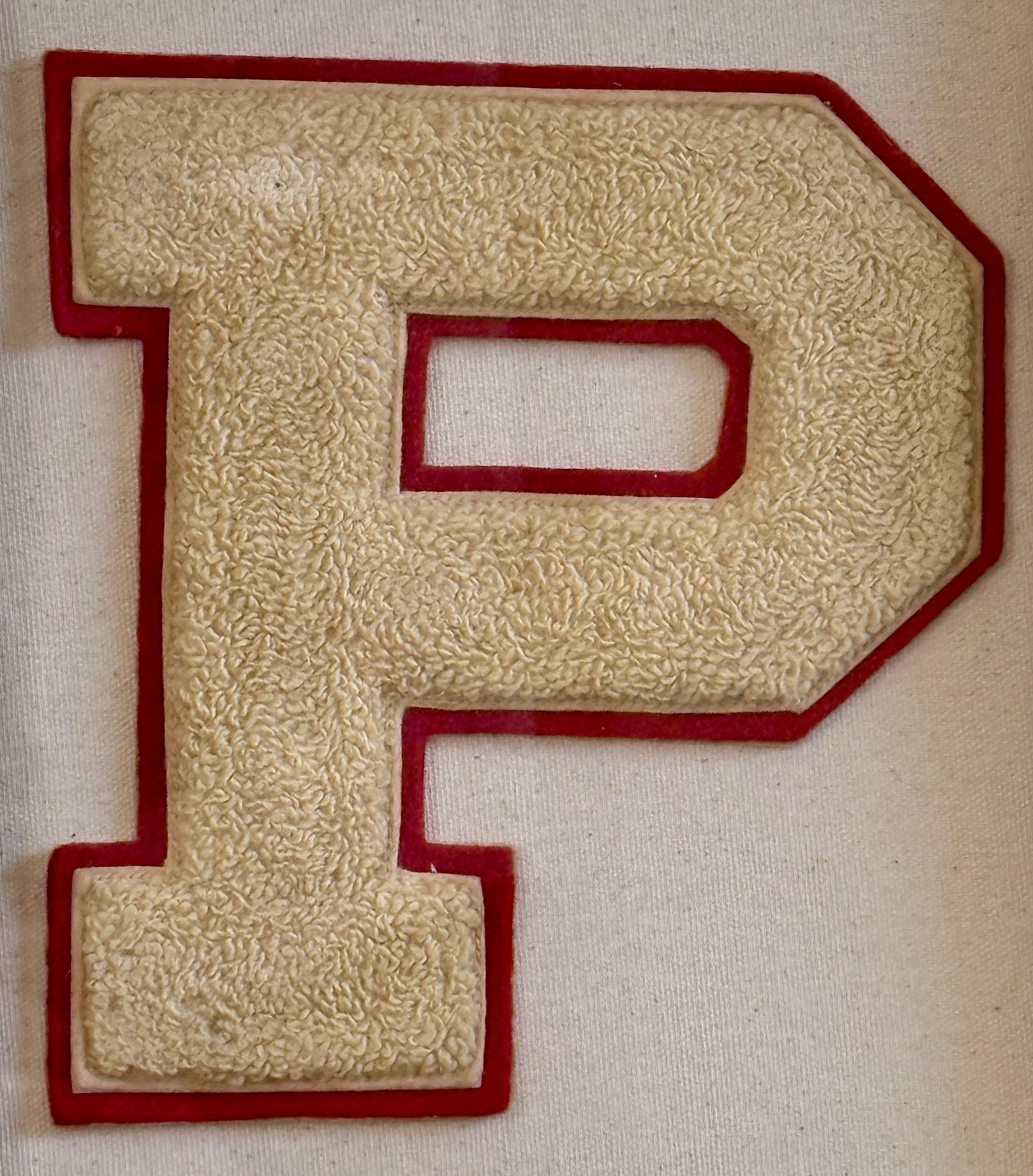 Vintage Red and Ivory Varsity Letter Initial P on Ivory Duck Cloth in Gold Frame
