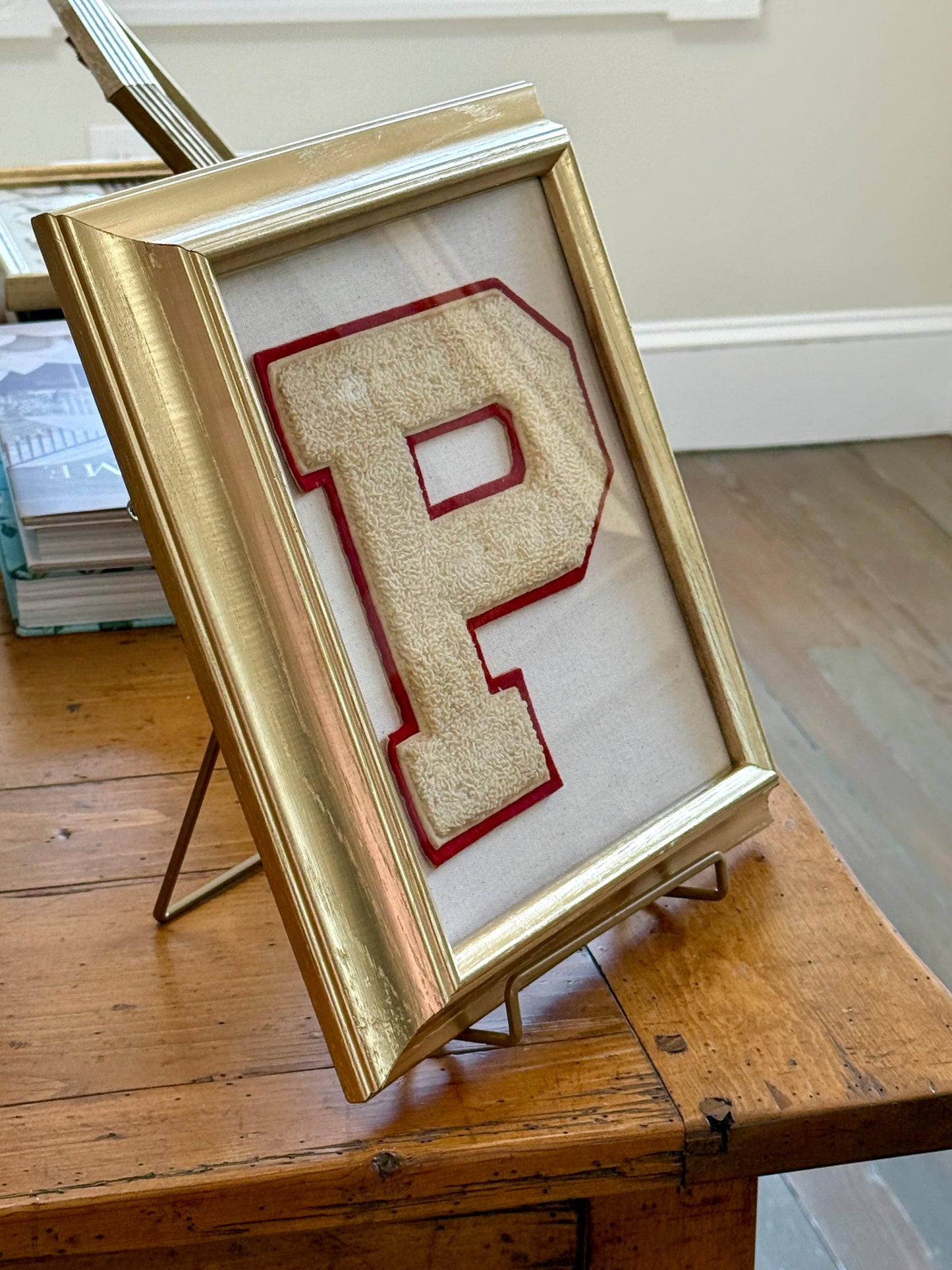 Vintage Red and Ivory Varsity Letter Initial P on Ivory Duck Cloth in Gold Frame