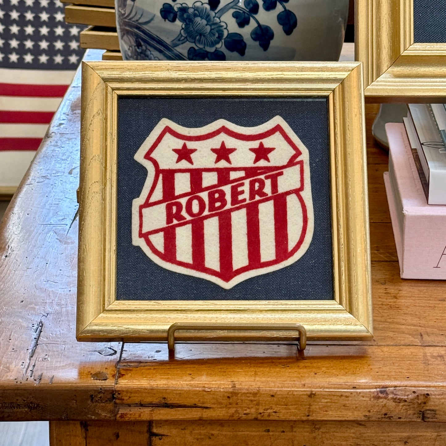 Varsity Varsity Jacket Robert Name Patch on Dark Chambray in Gold Frame