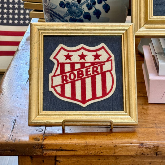 Varsity Varsity Jacket Robert Name Patch on Dark Chambray in Gold Frame