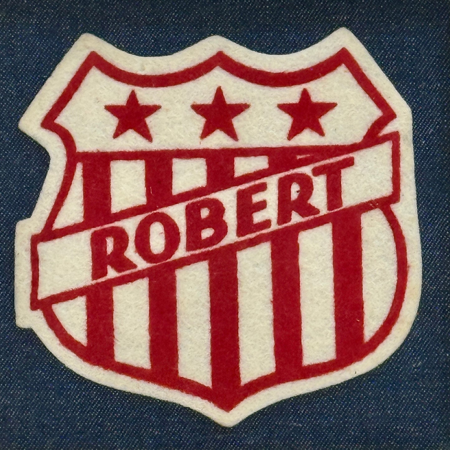 Varsity Varsity Jacket Robert Name Patch on Dark Chambray in Gold Frame