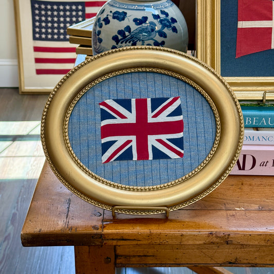 Vintage Cotton Union Jack Flag on Blue and Navy Stripes in Gold Oval Frame