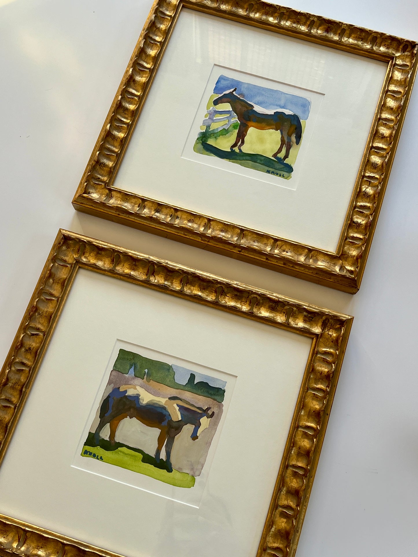Peggi Kroll-Roberts Watercolor Horse Portrait #1 in Wavy Gold Frame