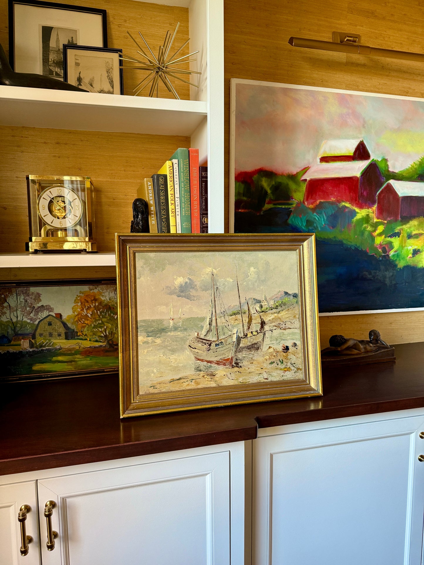 Mid Century Sailboats in Harbor Scene Oil Painting in Gold Frame