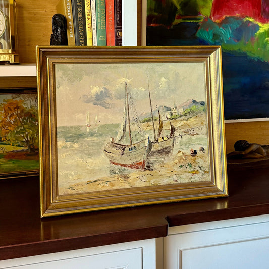 Mid Century Sailboats in Harbor Scene Oil Painting in Gold Frame