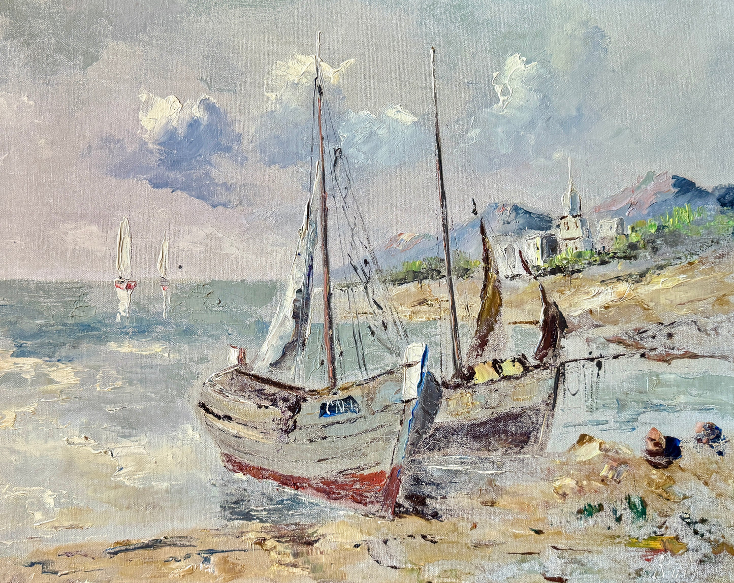 Mid Century Sailboats in Harbor Scene Oil Painting in Gold Frame