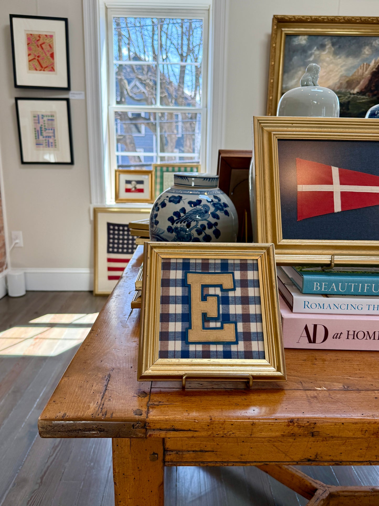 Vintage Varsity Letter Initial E on Plaid in Gold Frame